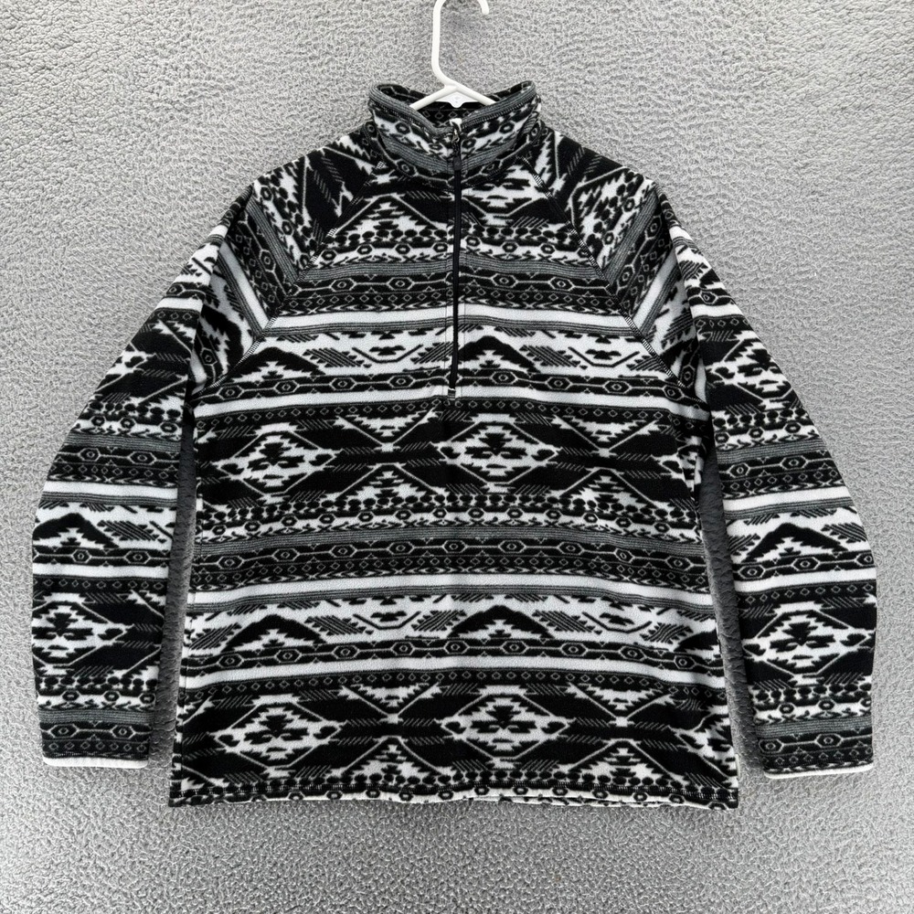 Eddie Bauer Womens XL Fleece Pullover Quarter Zip Black White Southwestern Print